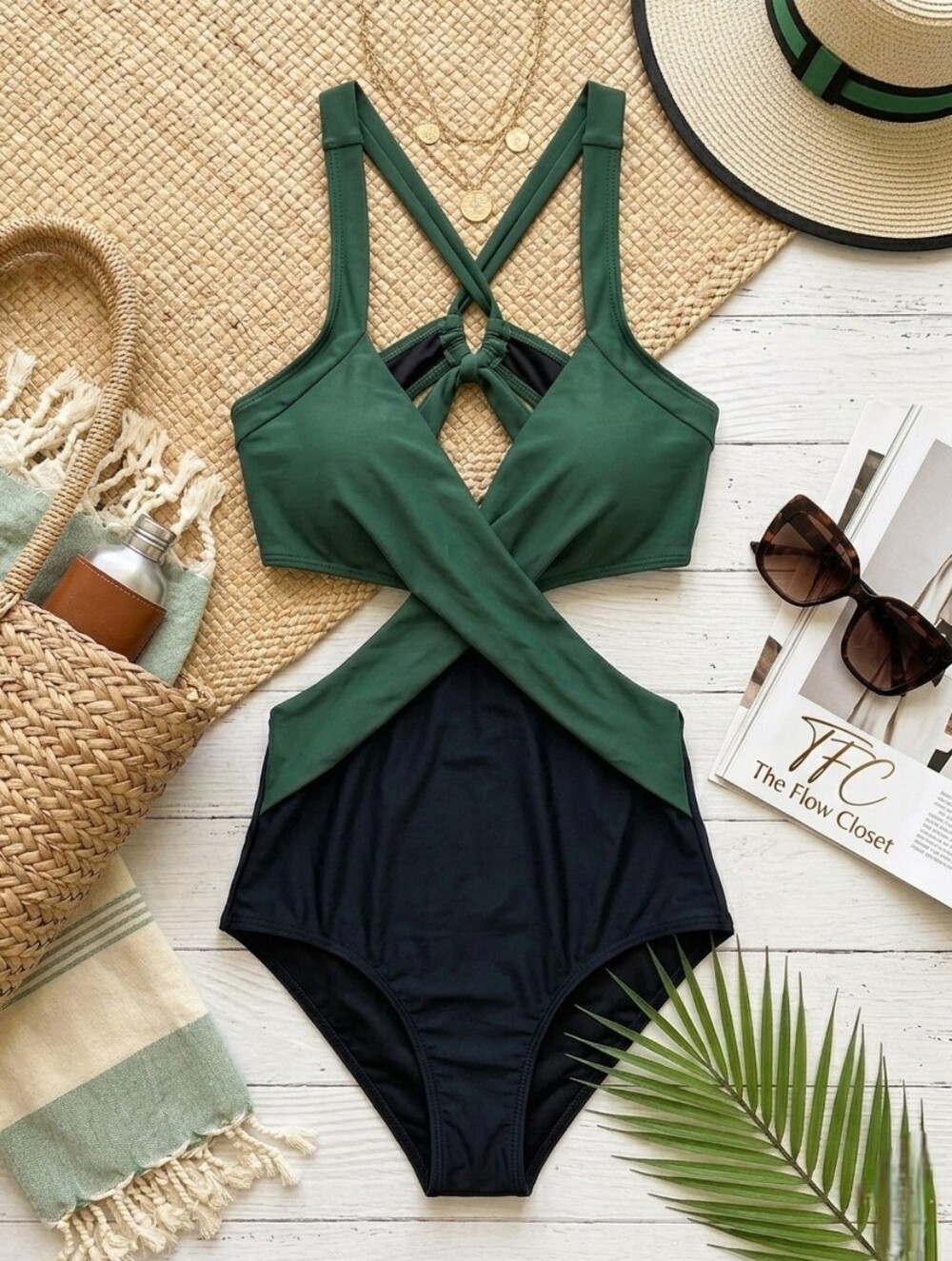 Cupshe Carly Colorblock Tummy Swimsuit Large Forest Green Black Resort